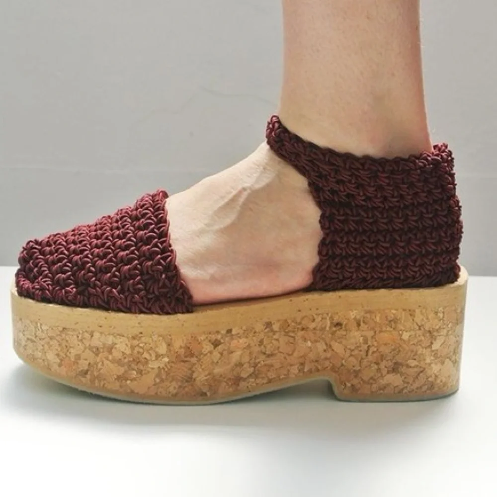 Arielle De Pinto LVMM Platform Sandals Ankle Strap Stretch Cork Heel Maroon 40